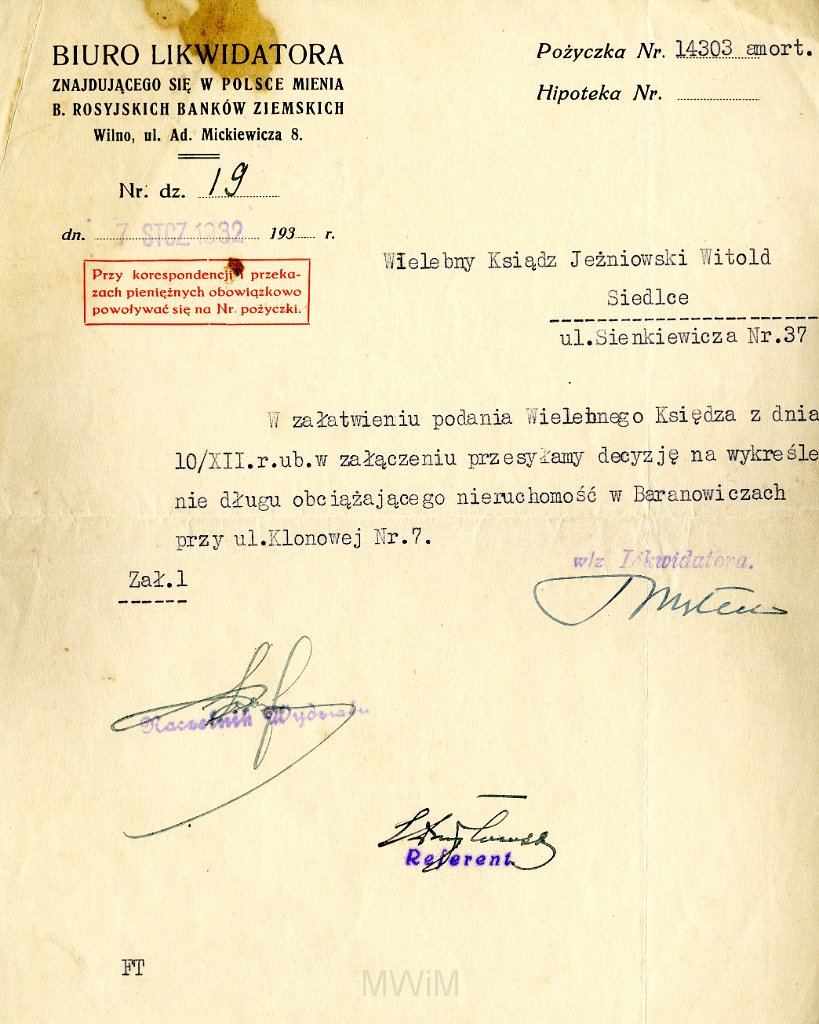 KKE 4594.jpg - Dok. Decyzja (w sprawie pisma z 10 XII 1931 r.) o wykreśleniu długu obniżającego wartość nieruchomości w Baranowiczach dla ks. Witold Jeźniowskiego, Wilno, 7 I 1932 r.